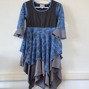 Girls' Blue Floral Handkerchief Hem Casual Dress with Gray Accents